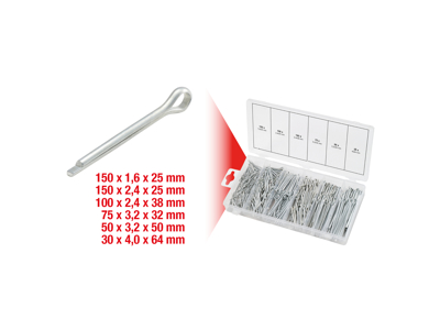 Sortiment af splitter, 1,6x25,4 mm-4,0x63,5 mm, 555 dele