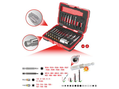 1/4" + 10 mm torx- og unbrako-skruetrækkersæt, 34 dele