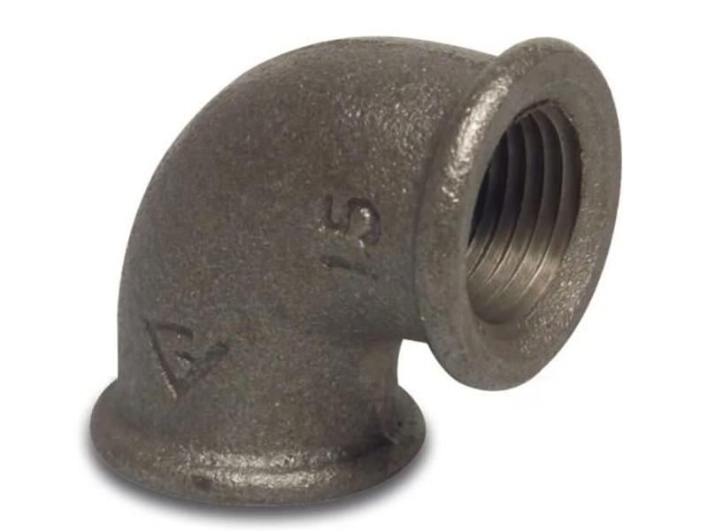 90 GR. VINKEL STØBEJERN SORT 1" INDV. GEVIND