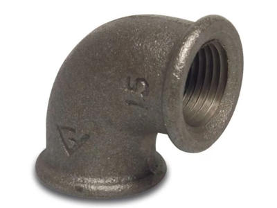 90 GR. VINKEL STØBEJERN SORT 1" INDV. GEVIND