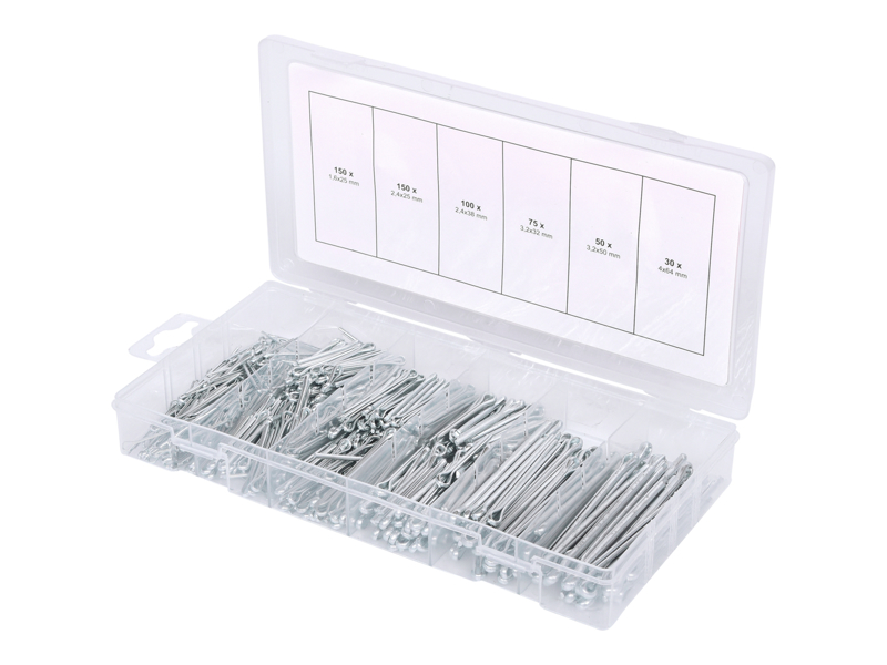 Sortiment af splitter, 1,6x25,4 mm-4,0x63,5 mm, 555 dele
