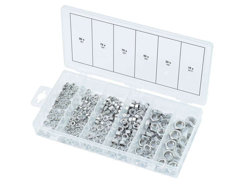 Sortiment af RUSTFRI STÅL-møtrikker, metrisk, 300 dele