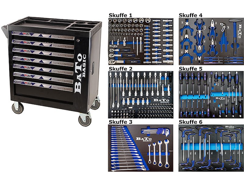 BATO BASIC værktøjsvogn med 7 skuffer og endeskab. 6 skuffer med 270 dele værktøj