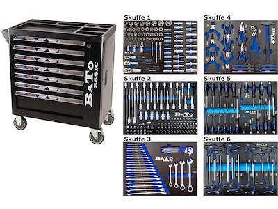 BATO BASIC værktøjsvogn med 7 skuffer og endeskab. 6 skuffer med 270 dele værktøj