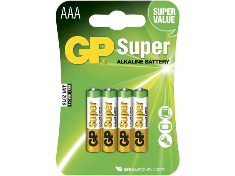 GP Batteri Super Alkaline AAA 24A/LR03 1,5V, 4 stk