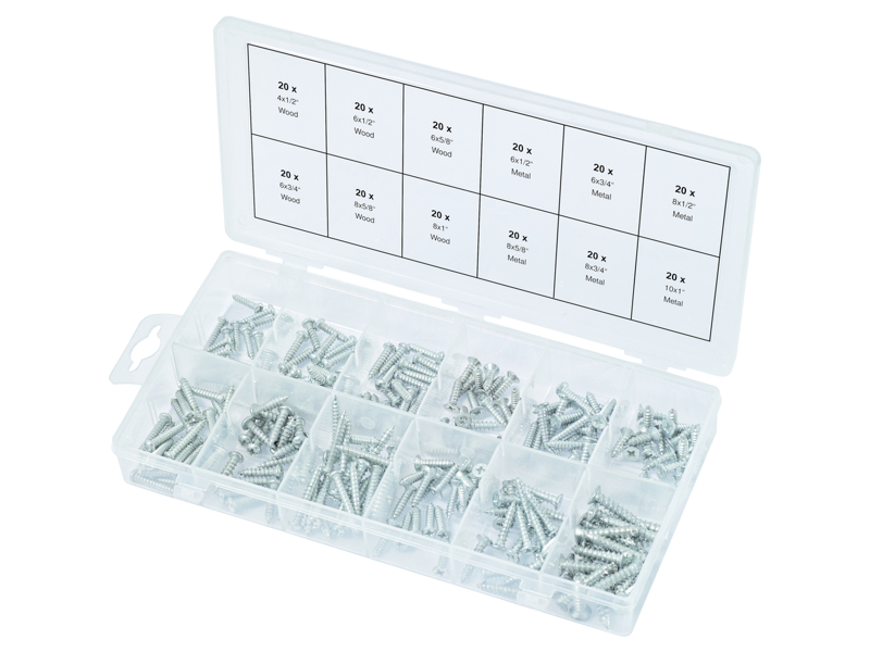 Sortiment af metal + træskruer, selvskærende, 240 dele