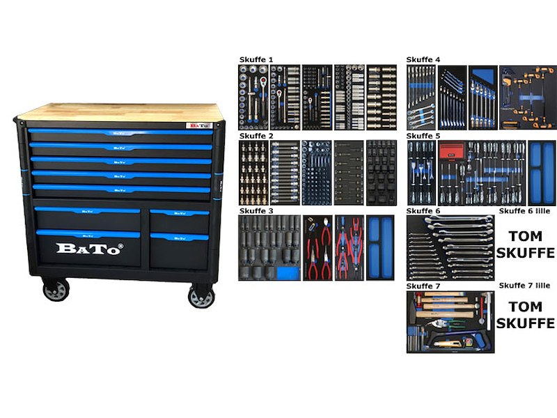 BATO Værktøjsvogn XXL-Premium med 9 skuffer med 560 dele værktøj. Model 9157-560. Sort