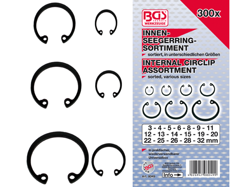 Indvendigt cirklipssortiment (snapringe) | Ø 3 - 32 mm